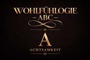 Goldenes Typografie-Bild mit dem Schriftzug Wohlfühlogie ABC auf dunklem Hintergrund als Symbol für ganzheitliches Wohlbefinden und Großbuchstabe A für Achtsamkeit