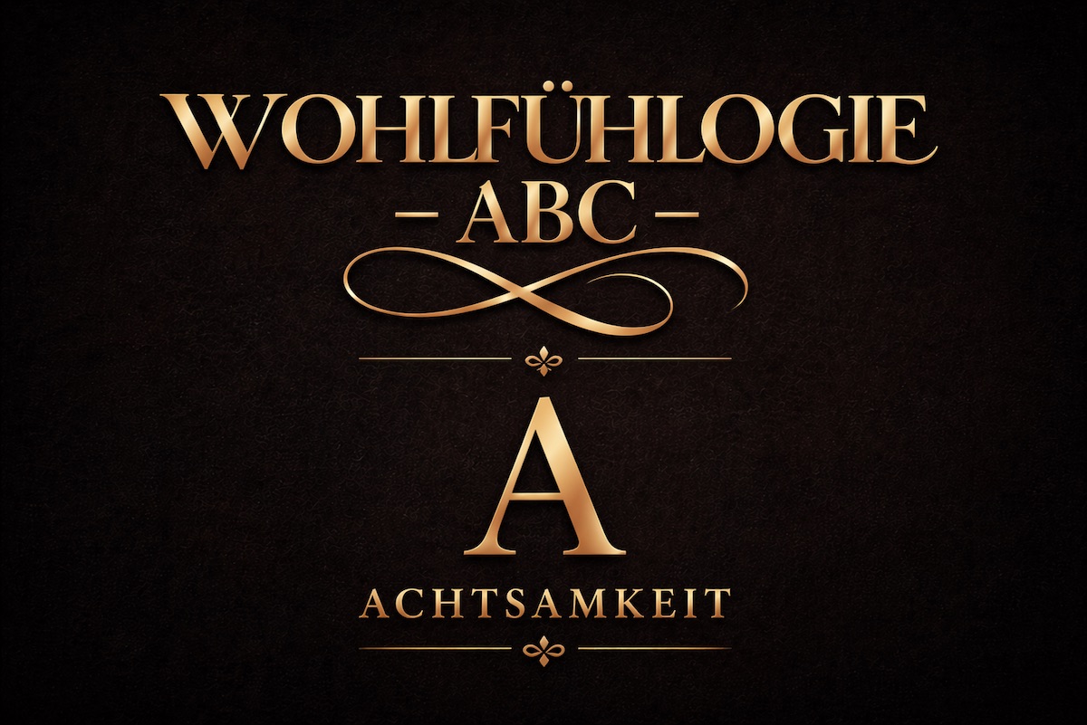 Goldenes Typografie-Bild mit dem Schriftzug Wohlfühlogie ABC auf dunklem Hintergrund als Symbol für ganzheitliches Wohlbefinden und Großbuchstabe A für Achtsamkeit
