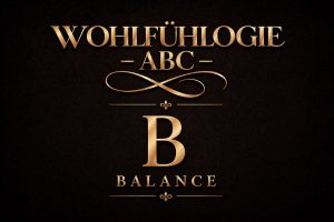 Goldenes Typografie-Bild mit dem Schriftzug Wohlfühlogie ABC – B Balance auf dunklem Hintergrund als Symbol für inneres Gleichgewicht
