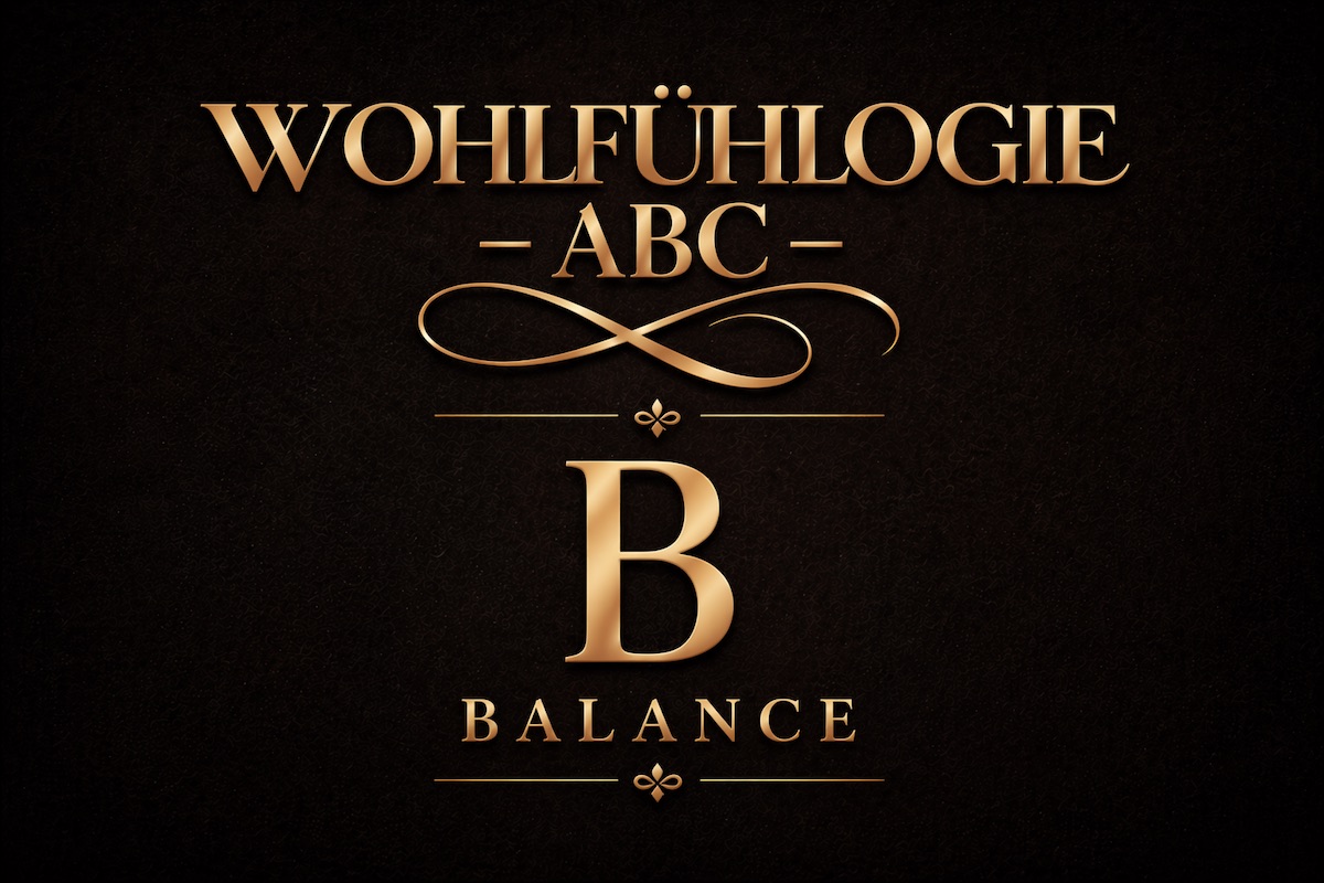 Goldenes Typografie-Bild mit dem Schriftzug Wohlfühlogie ABC – B Balance auf dunklem Hintergrund als Symbol für inneres Gleichgewicht
