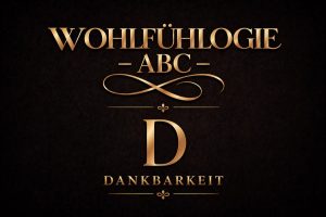 Goldenes Typografie-Bild mit dem Schriftzug Wohlfühlogie ABC – D Dankbarkeit auf dunklem Hintergrund als Symbol für inneres Gleichgewicht