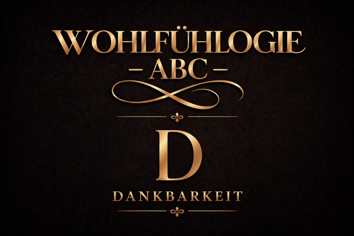 Goldenes Typografie-Bild mit dem Schriftzug Wohlfühlogie ABC – D Dankbarkeit auf dunklem Hintergrund als Symbol für inneres Gleichgewicht