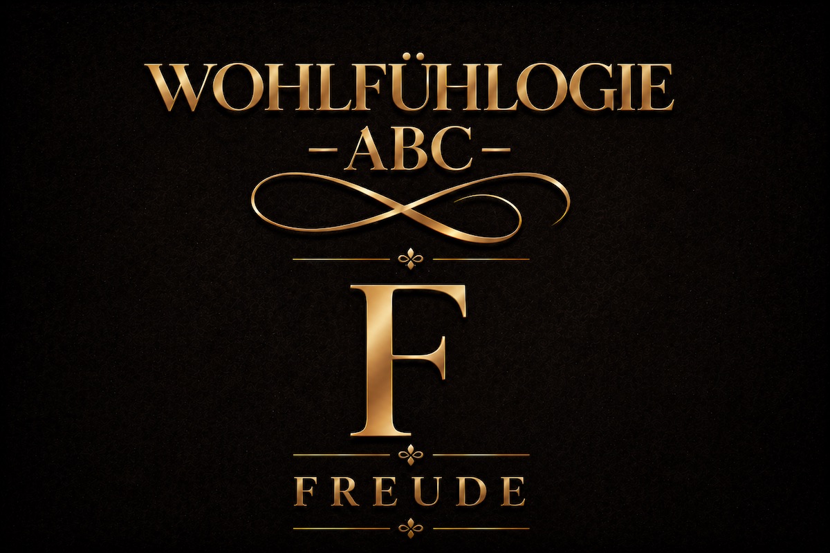 Wohlfühlogie ABC F Freude aktivieren – goldene Schrift auf schwarzem Hintergrund als Symbol für Energie, Körpergefühl und inneren Kompass