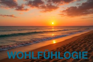 Sonnenuntergang mit Blick vom Strand über das Meer mit Wohlfühlogie Schriftzug