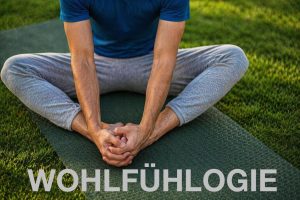 Mann sitzt entspannt auf grüner Yogamatte im Freien – Symbol für Stressabbau und Regulation des Nervensystems durch TRE Übungen
