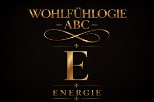 Wohlfühlogie ABC E Energie spüren – goldene Schrift auf schwarzem Hintergrund als Symbol für Energie, Körpergefühl und inneren Kompass