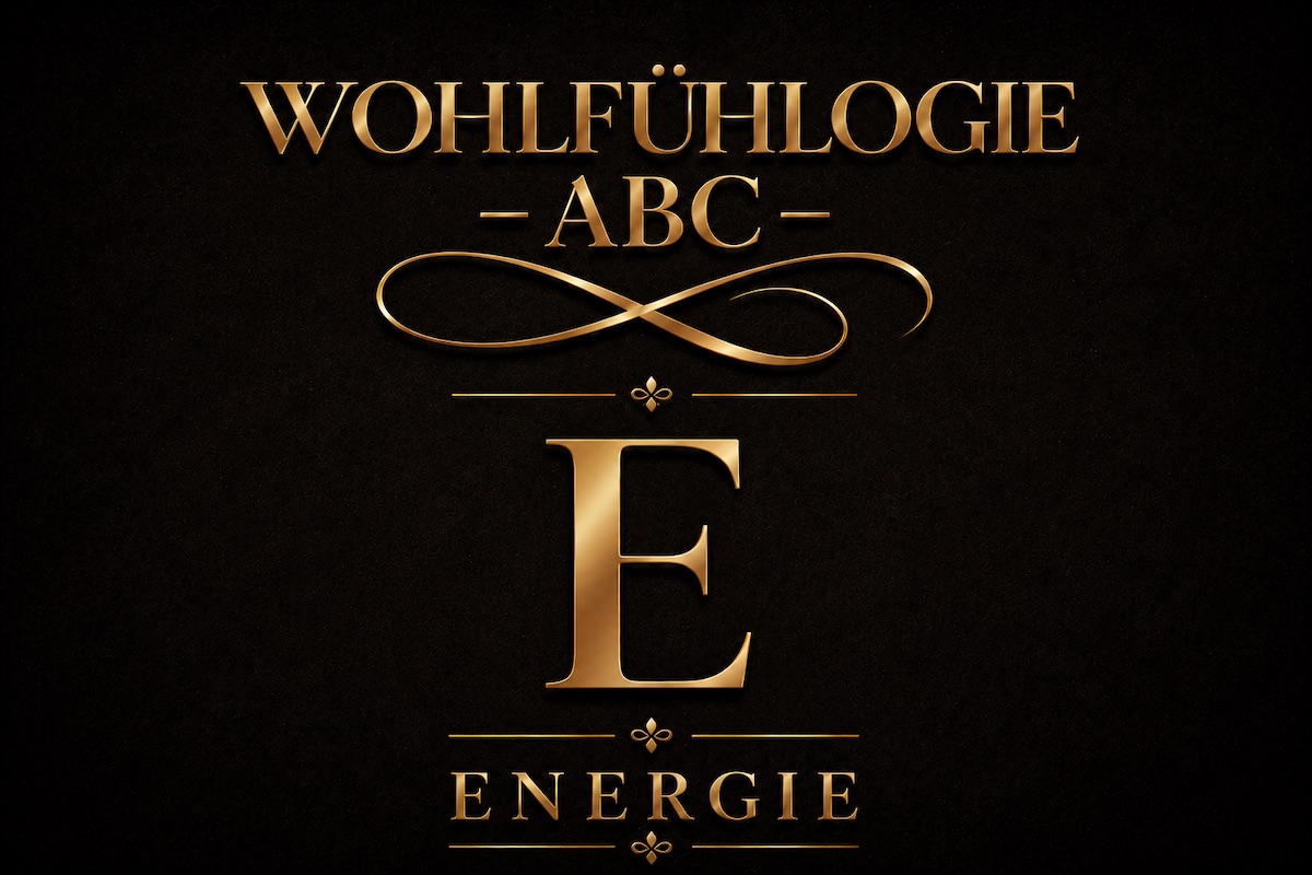Wohlfühlogie ABC E Energie spüren – goldene Schrift auf schwarzem Hintergrund als Symbol für Energie, Körpergefühl und inneren Kompass