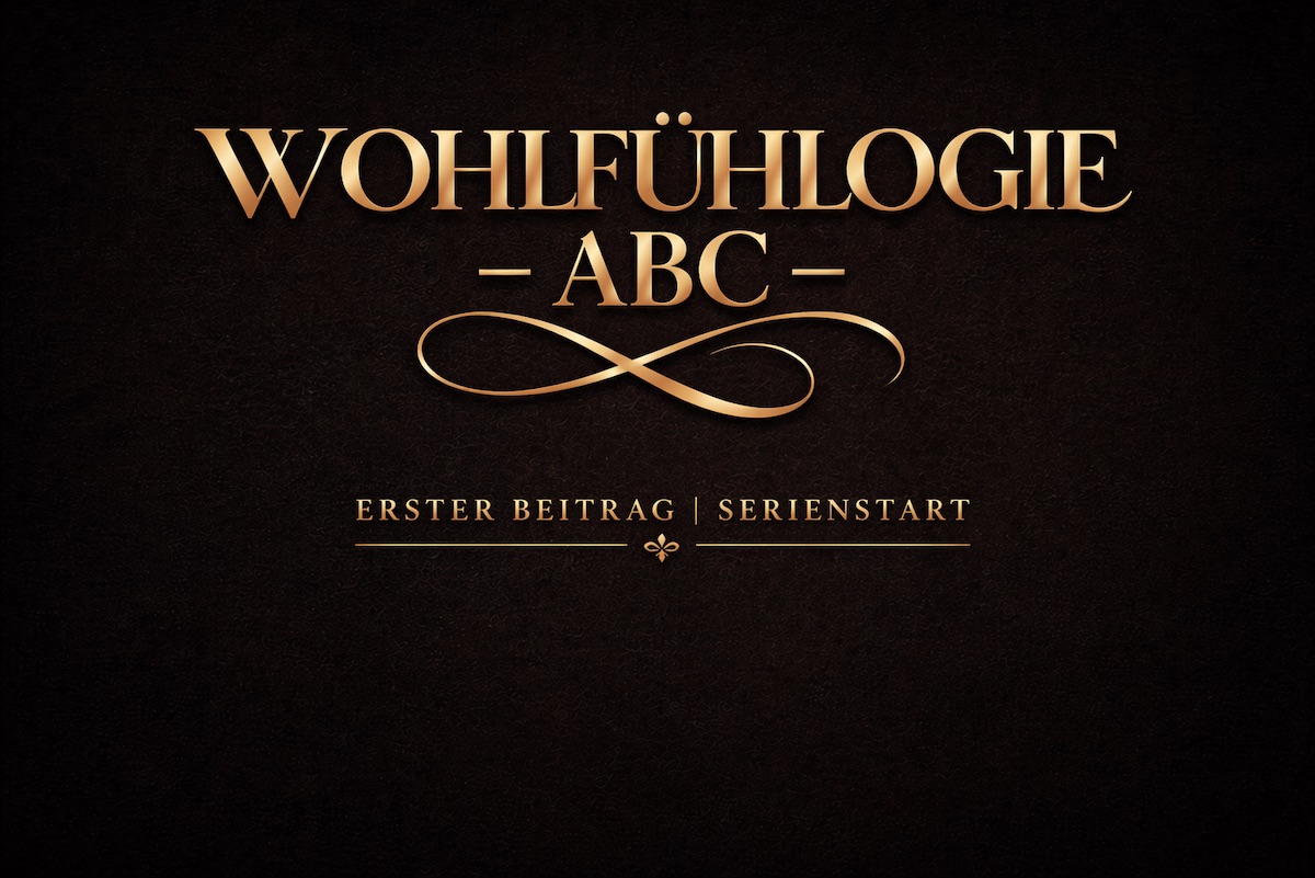 Goldenes Typografie-Bild mit dem Schriftzug Wohlfühlogie ABC auf dunklem Hintergrund als Symbol für ganzheitliches Wohlbefinden