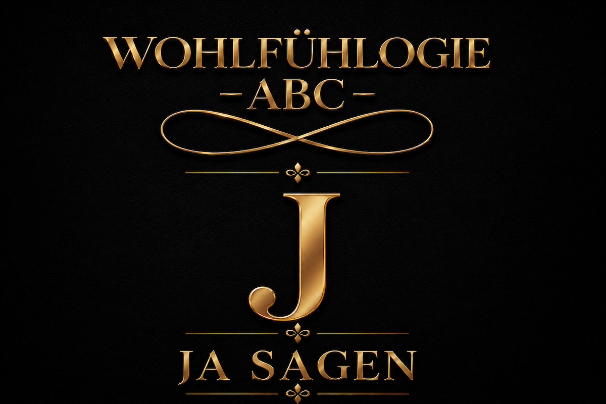 Wohlfühlogie-Beitrag über Ja sagen, Whole Body Yes und innere Stimmigkeit mit goldenem J auf schzwarzem Hintergrund