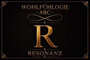 WOHLFÜHLOGIE-ABC: Der Buchstabe R steht für Resonanz. Elegantes Titelbild mit goldener Schrift auf schwarzem Hintergrund, dekorativem Rahmen und Unendlichkeitszeichen als Symbol für Verbundenheit, Beziehung und innere Schwingung.