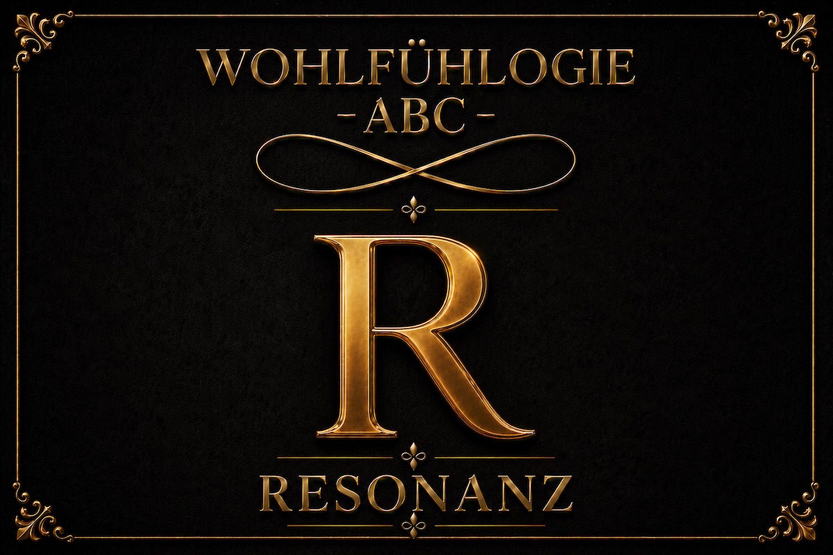 WOHLFÜHLOGIE-ABC: Der Buchstabe R steht für Resonanz. Elegantes Titelbild mit goldener Schrift auf schwarzem Hintergrund, dekorativem Rahmen und Unendlichkeitszeichen als Symbol für Verbundenheit, Beziehung und innere Schwingung.