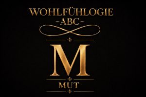 Gold-schwarzes Wohlfühlogie-ABC-Bild mit dem Buchstaben M für MUT und dem Titel „Stretching-Zone statt Sicherheitsmodus“.