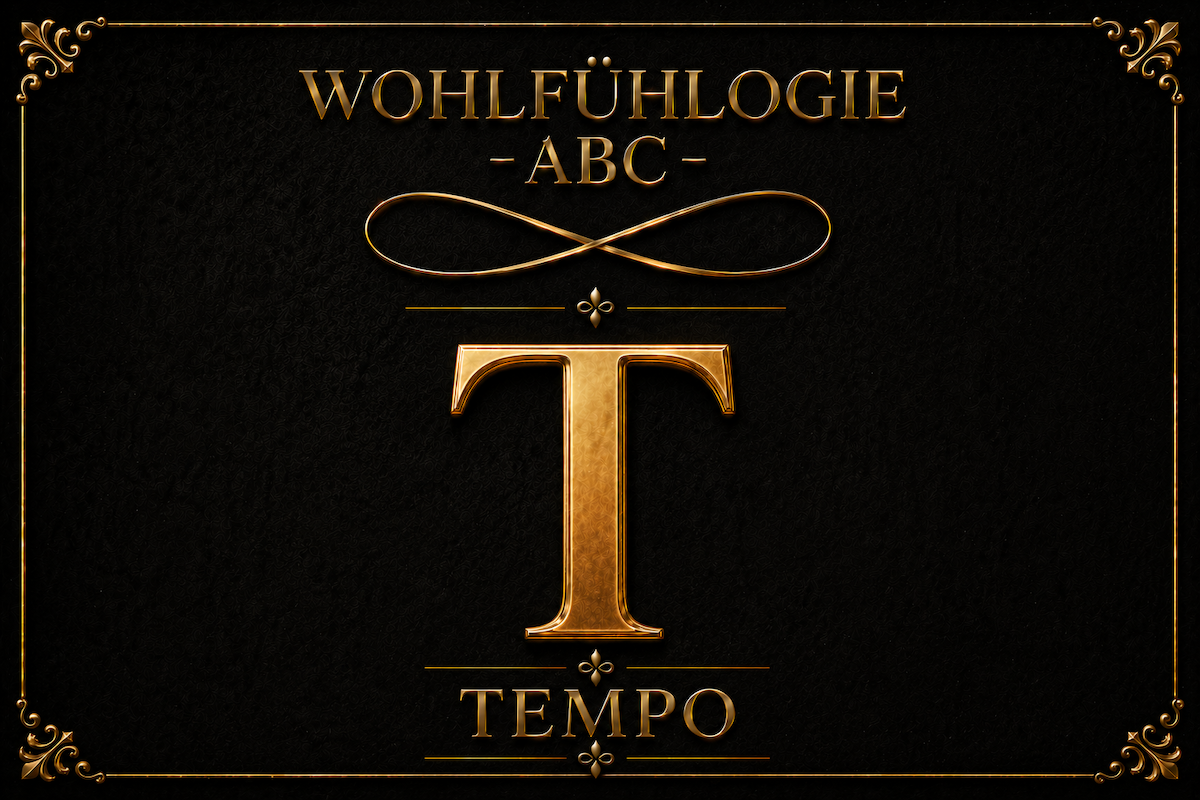 T – Tempo im Wohlfühlogie-ABC. Goldenes T mit Unendlichkeitssymbol auf schwarzem Hintergrund als Sinnbild für Wohlfühlrhythmus, Balance und das eigene Lebenstempo.