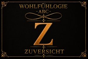 Goldener Buchstabe Z auf schwarzem Hintergrund mit dem Schriftzug „Zuversicht“ als Titelbild des Wohlfühlogie-ABC.