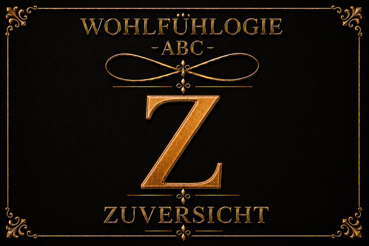 Goldener Buchstabe Z auf schwarzem Hintergrund mit dem Schriftzug „Zuversicht“ als Titelbild des Wohlfühlogie-ABC.