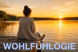 Eine Frau sitzt entspannt auf einem Holzsteg an einem See und blickt bei Sonnenuntergang in die Ferne. Neben ihr liegt ein Smartphone mit dem Display nach unten – ein Symbol für JOMO und bewusstes Wohlfühlen im Moment.