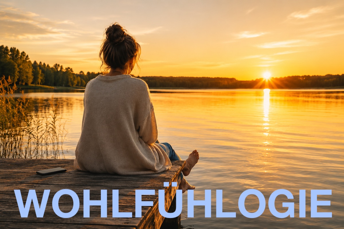 Eine Frau sitzt entspannt auf einem Holzsteg an einem See und blickt bei Sonnenuntergang in die Ferne. Neben ihr liegt ein Smartphone mit dem Display nach unten – ein Symbol für JOMO und bewusstes Wohlfühlen im Moment.