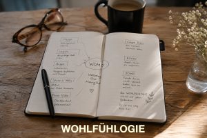 Eine Frau sitzt entspannt auf einem Holzsteg an einem See und blickt bei Sonnenuntergang in die Ferne. Neben ihr liegt ein Smartphone mit dem Display nach unten – ein Symbol für JOMO und bewusstes Wohlfühlen im Moment.