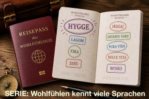 Wohlfühlogie-Reisepass mit frischem HYGGE-Stempel für die Serie Wohlfühlen kennt viele Sprachen