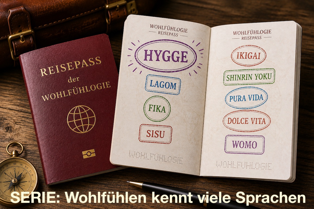 Wohlfühlogie-Reisepass mit frischem HYGGE-Stempel für die Serie Wohlfühlen kennt viele Sprachen