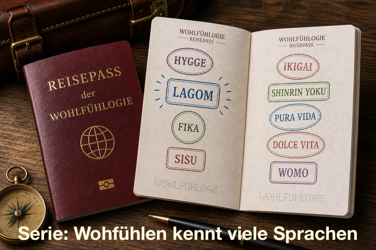 Wohlfühlogie-Reisepass mit frischem LAGOM-Stempel für die Serie Wohlfühlen kennt viele Sprachen