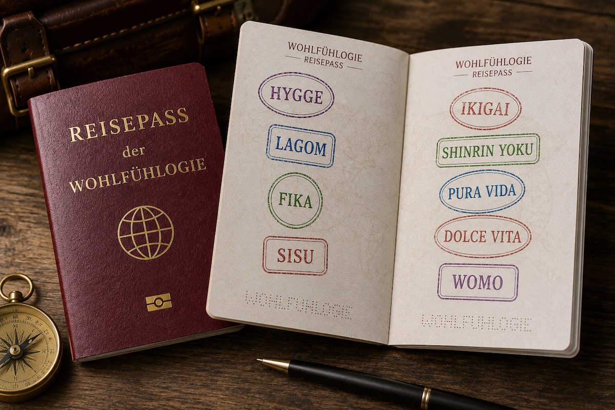 Fotorealistischer Reisepass der WOHLFÜHLOGIE mit den Lebensgefühlen Hygge, Lagom, Fika, Sisu, Ikigai, Shinrin Yoku, Pura Vida, Dolce Vita und WOMO als Reisestempel.