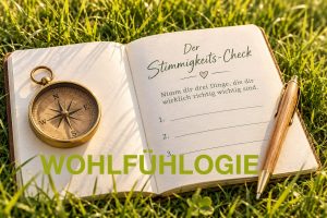 Der Stimmigkeits-Check mit Kompass und Notizbuch im Gras
