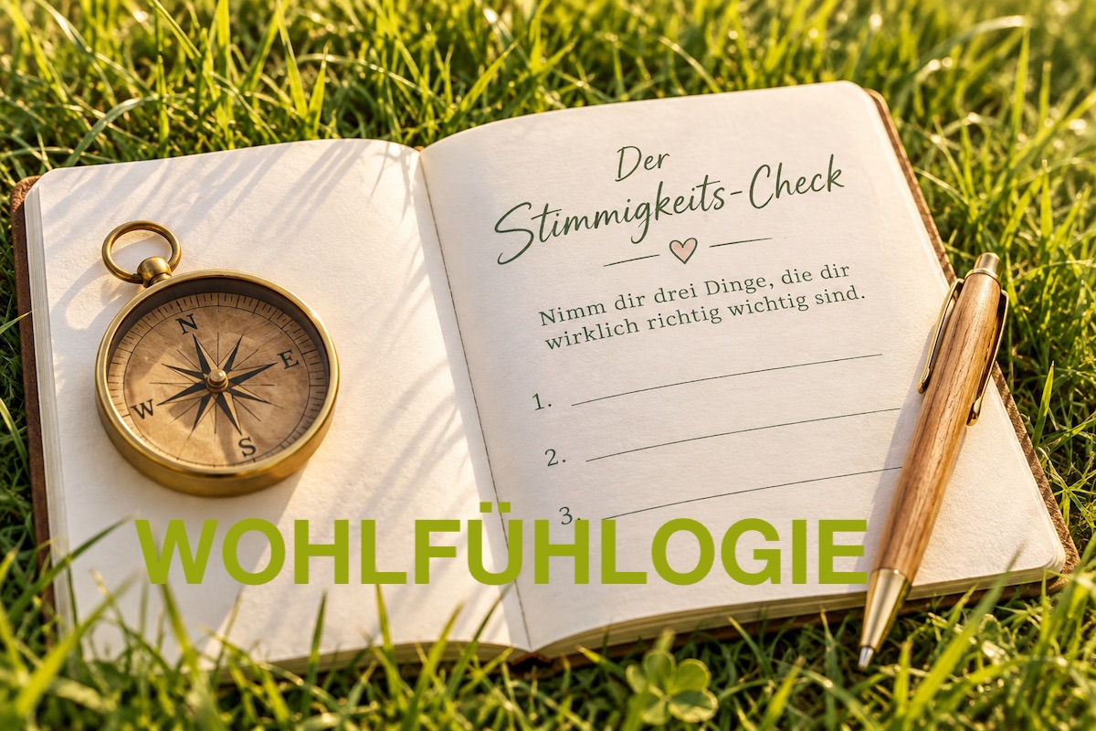 Der Stimmigkeits-Check mit Kompass und Notizbuch im Gras