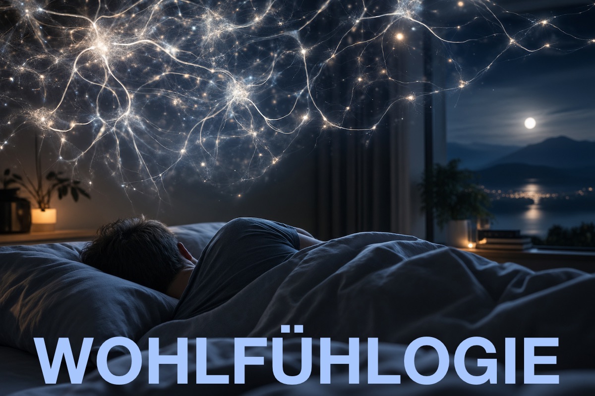 Schlafender Mann im dunklen Zimmer mit silbernem neuronalen Sternenbild über dem Bett