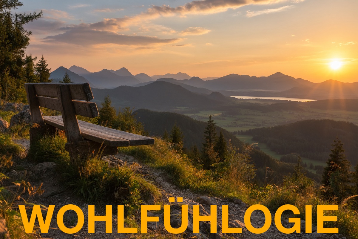 Holzbank mit weiter Landschaft bei Sonnenuntergang – Symbol für mehr Raum im Kopf