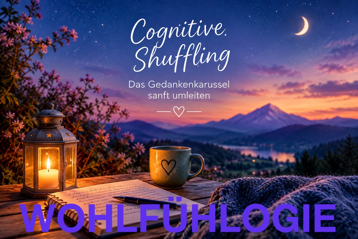 Leuchtende Laterne in violett-blauer Abendstimmung als Symbol für Ruhe und Cognitive Shuffling beim Einschlafen