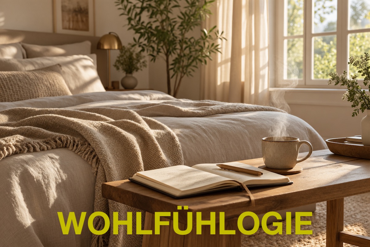 Schlafzimmer mit Notizbuch, Kaffee und Bett am Morgen – eine Nacht über ein Problem schlafen