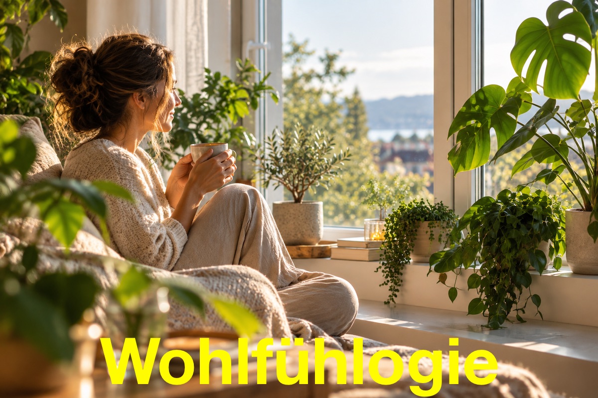 Frau sitzt entspannt mit einer Tasse Tee am Fenster und genießt das warme Tageslicht.