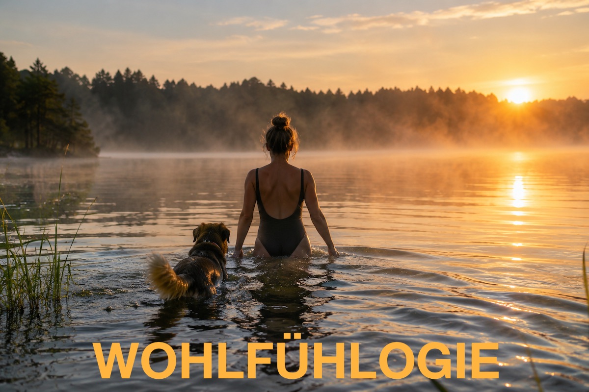 Frau geht mit ihrem Hund im frühen Morgenlicht in einen See